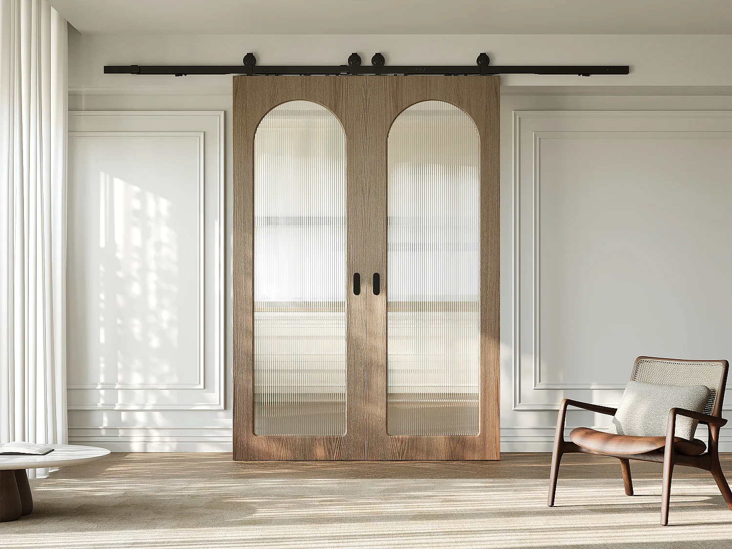 Dubbele schuifdeur met oplegmontagesysteem in hout en MDF - natuurlijke lichtboog en gehard geribbeld glas - 2 x H205 x B63 cm - ODEZA