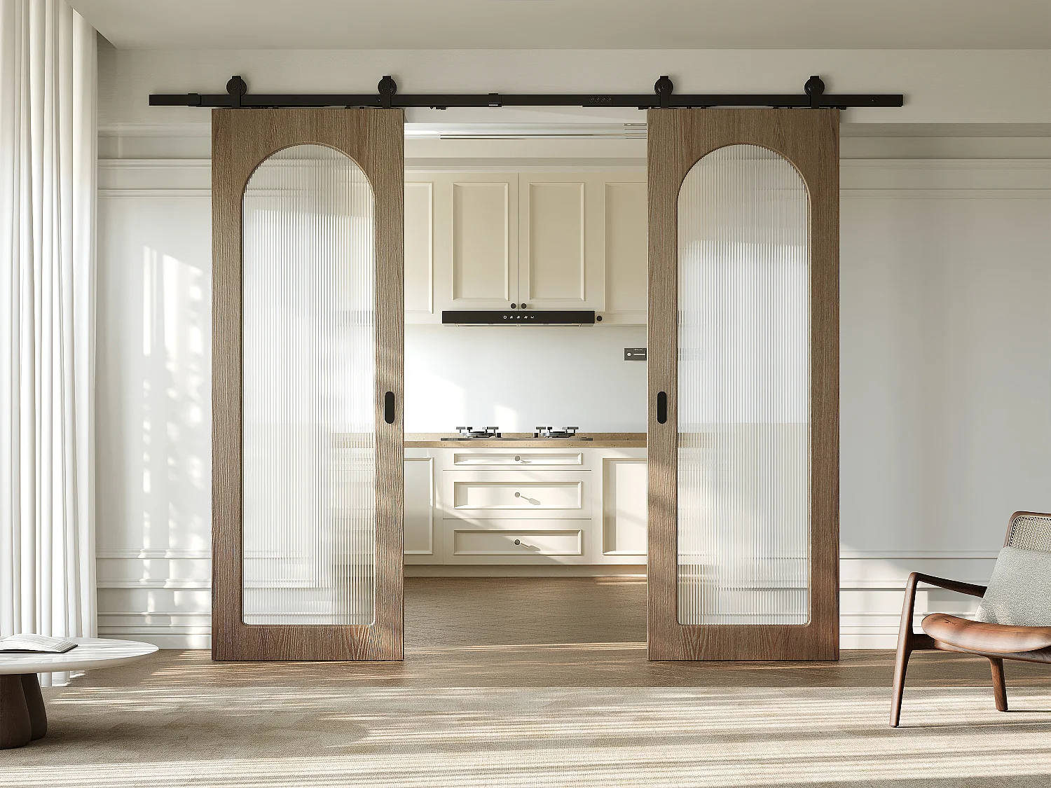 Dubbele schuifdeur met oplegmontagesysteem in hout en MDF - natuurlijke lichtboog en gehard geribbeld glas - 2 x H205 x B63 cm - ODEZA
