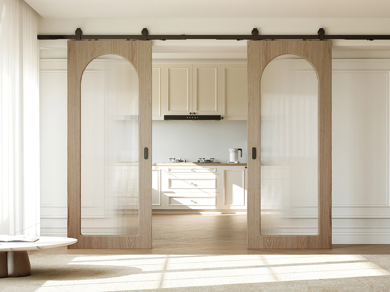 Dubbele schuifdeur met opbouwsysteem in hout en MDF - natuurlijke lichte boog en gehard geribbeld glas - 2 x H205 x B73 cm - ODEZA