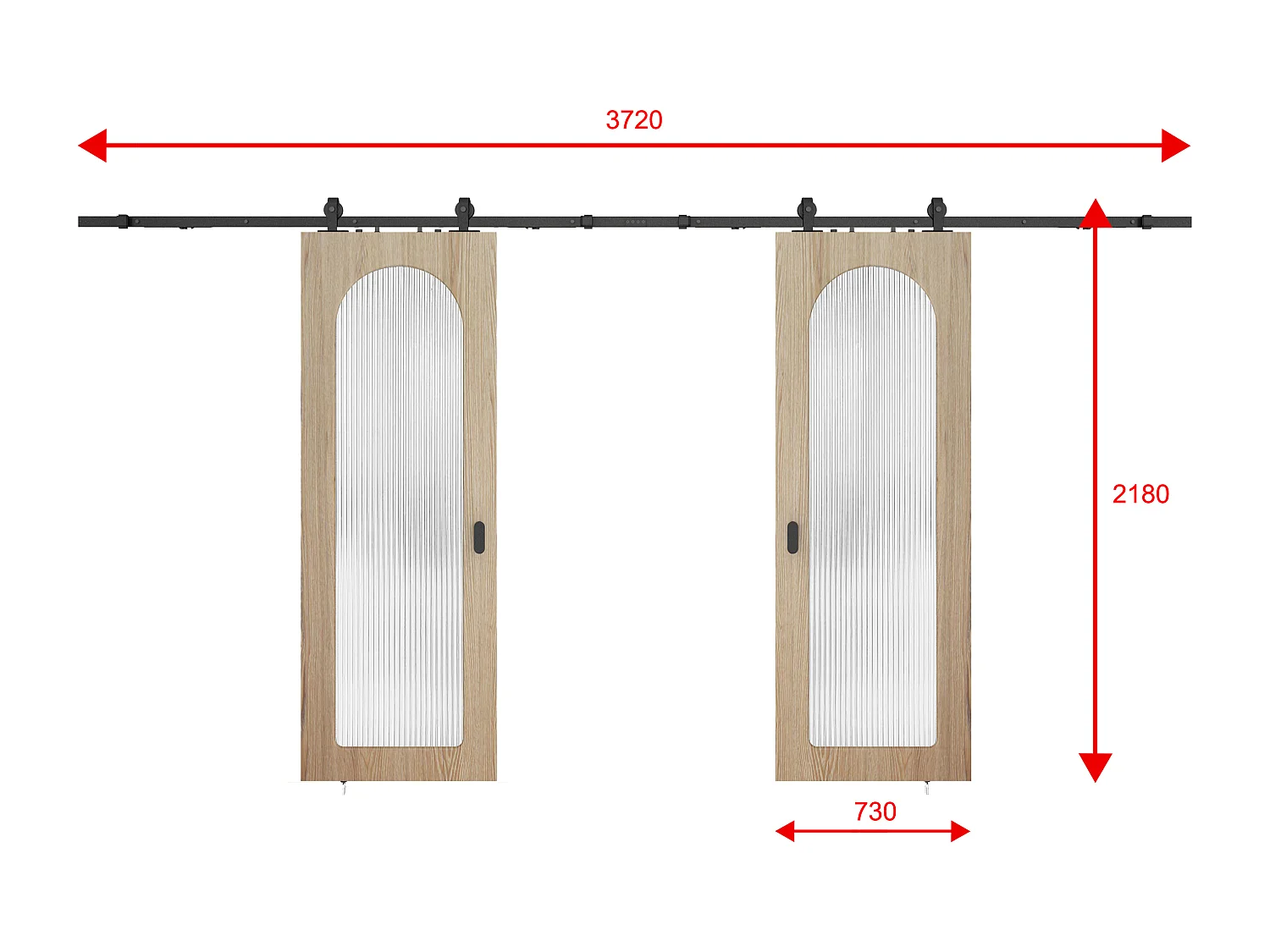 Dubbele schuifdeur met opbouwsysteem in hout en MDF - natuurlijke lichte boog en gehard geribbeld glas - 2 x H205 x B73 cm - ODEZA