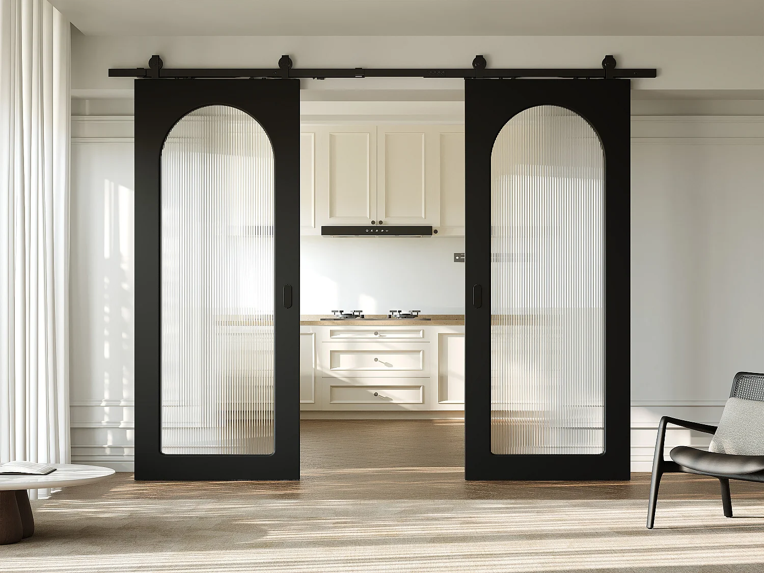 Dubbele schuifdeur met opbouwsysteem in hout en MDF - zwarte boog en gehard geribbeld glas - 2 x H205 x B83 cm - ODEZA
