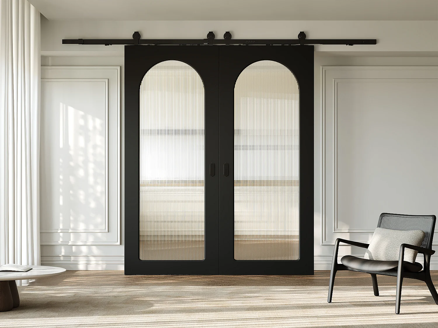 Dubbele schuifdeur met opbouwsysteem in hout en MDF - zwarte boog en gehard geribbeld glas - 2 x H205 x B83 cm - ODEZA