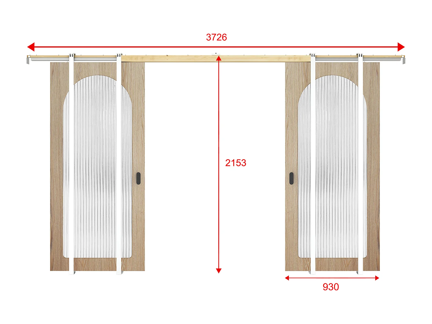 Dubbele schuifdeur met inbouwsysteem in hout en MDF - lichte natuurlijke boog en gehard geribbeld glas - 2 x H205 x B93 cm - ODEZA