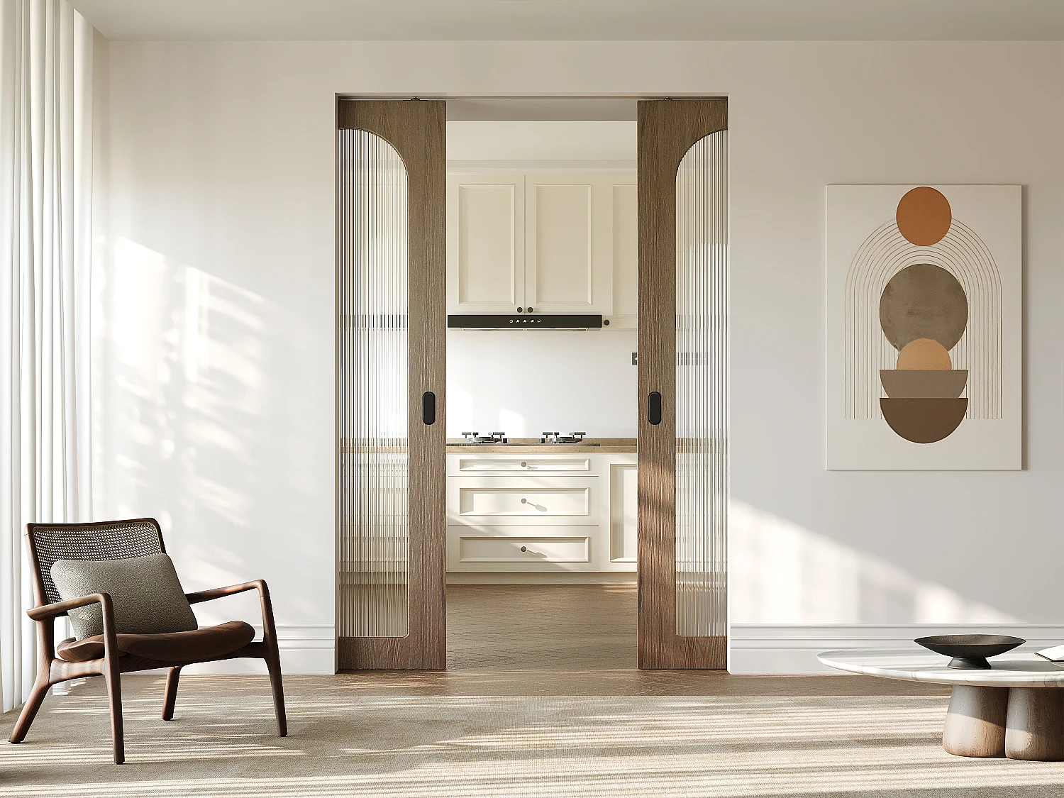 Dubbele schuifdeur met galerijsysteem in hout en MDF - lichte natuurlijke boog en gehard geribbeld glas - 2 x H205 x B63 cm - ODEZA
