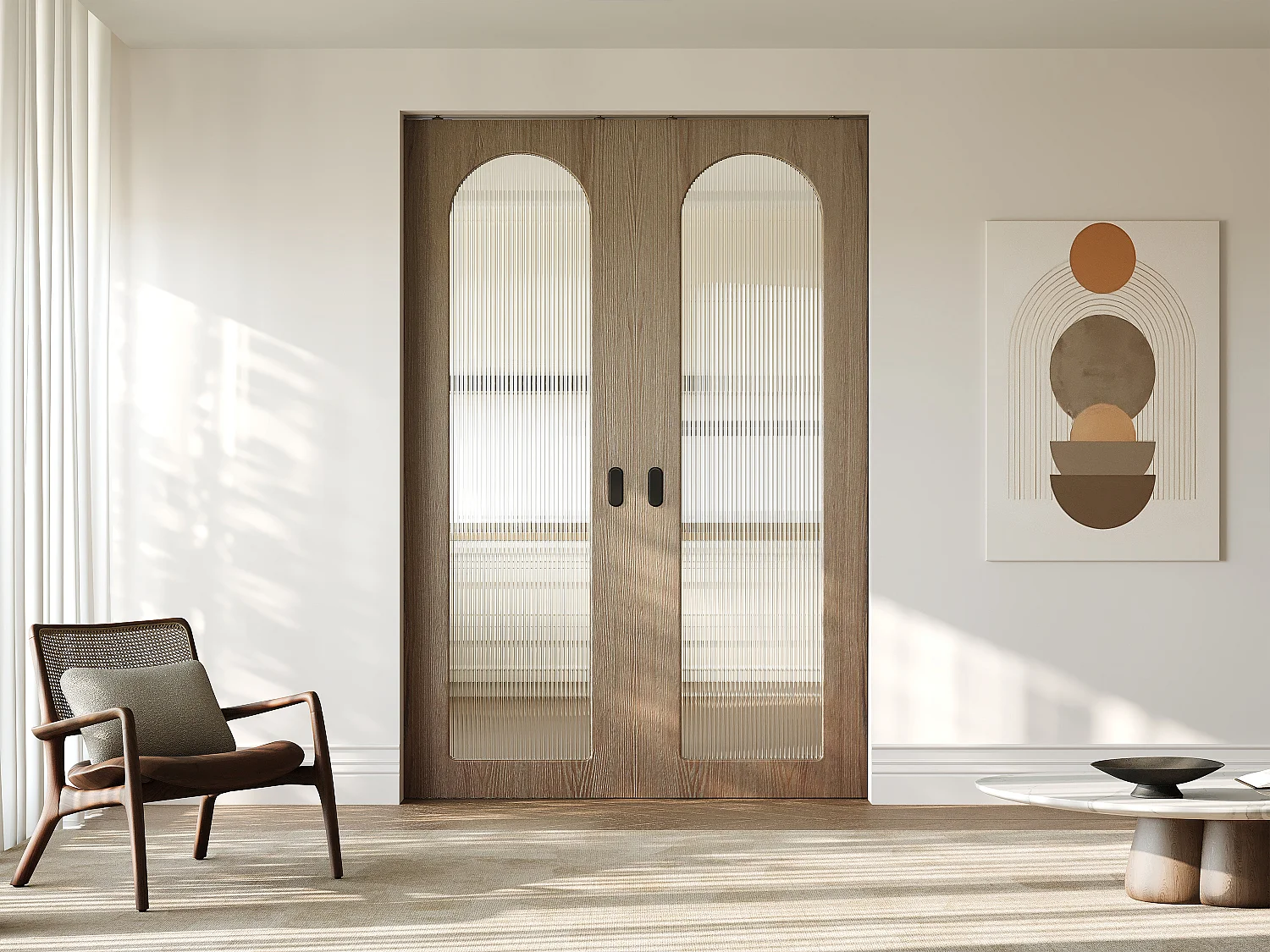 Dubbele schuifdeur met galerijsysteem in hout en MDF - lichte natuurlijke boog en gehard geribbeld glas - 2 x H205 x B63 cm - ODEZA