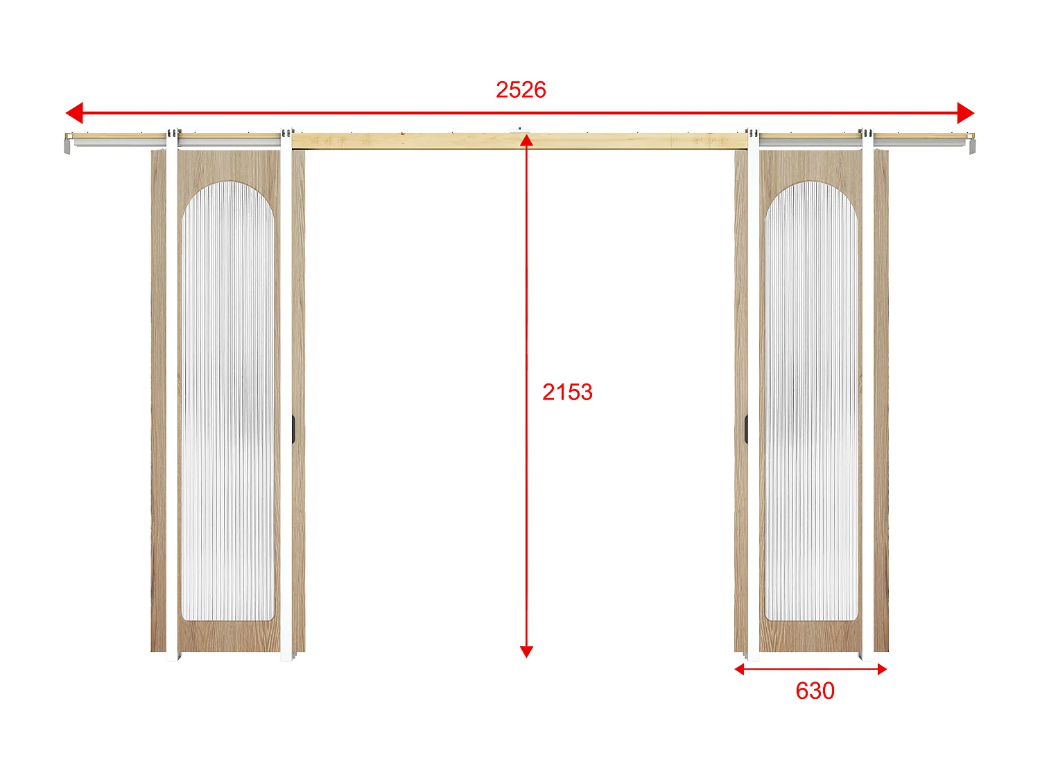 Dubbele schuifdeur met galerijsysteem in hout en MDF - lichte natuurlijke boog en gehard geribbeld glas - 2 x H205 x B63 cm - ODEZA