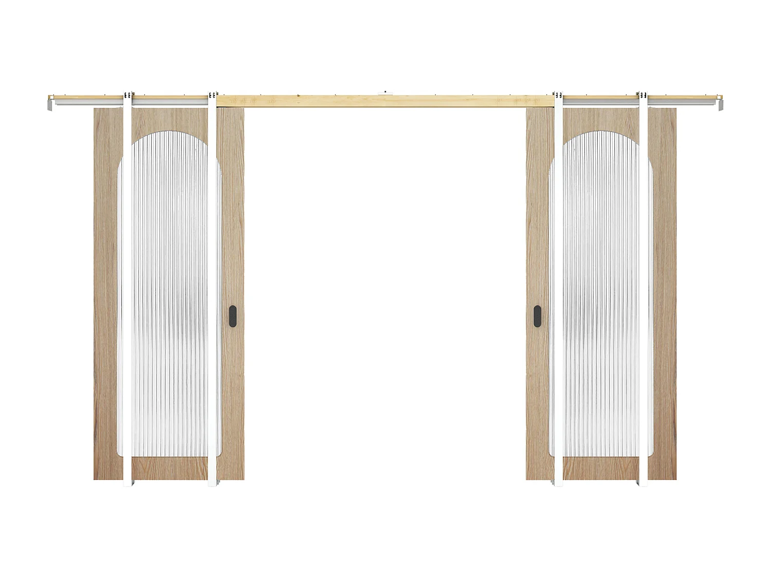 Dubbele schuifdeur met kastinbouwsysteem in hout en MDF - licht naturel boog en gehard geribbeld glas - 2 x H205 x B73 cm - ODEZA