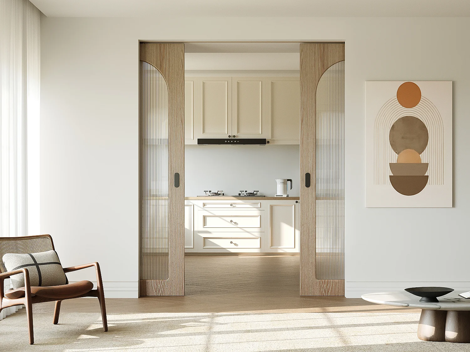 Dubbele schuifdeur met kastinbouwsysteem in hout en MDF - licht naturel boog en gehard geribbeld glas - 2 x H205 x B73 cm - ODEZA