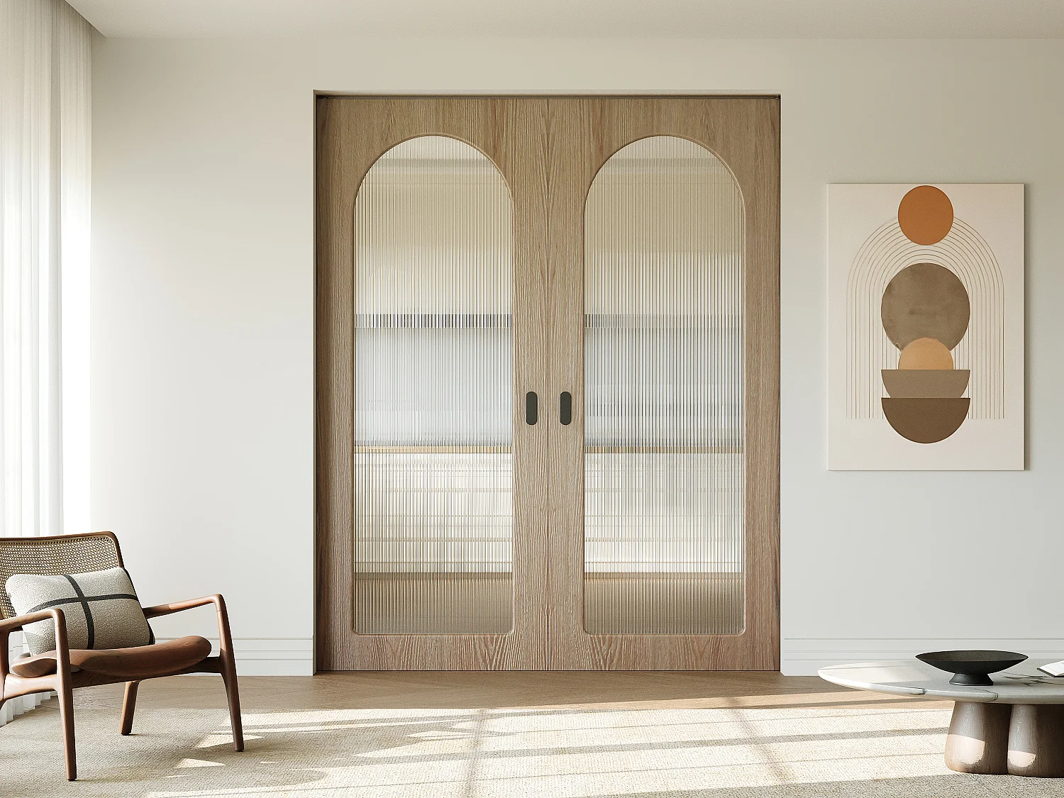Dubbele schuifdeur met kastinbouwsysteem in hout en MDF - licht naturel boog en gehard geribbeld glas - 2 x H205 x B73 cm - ODEZA