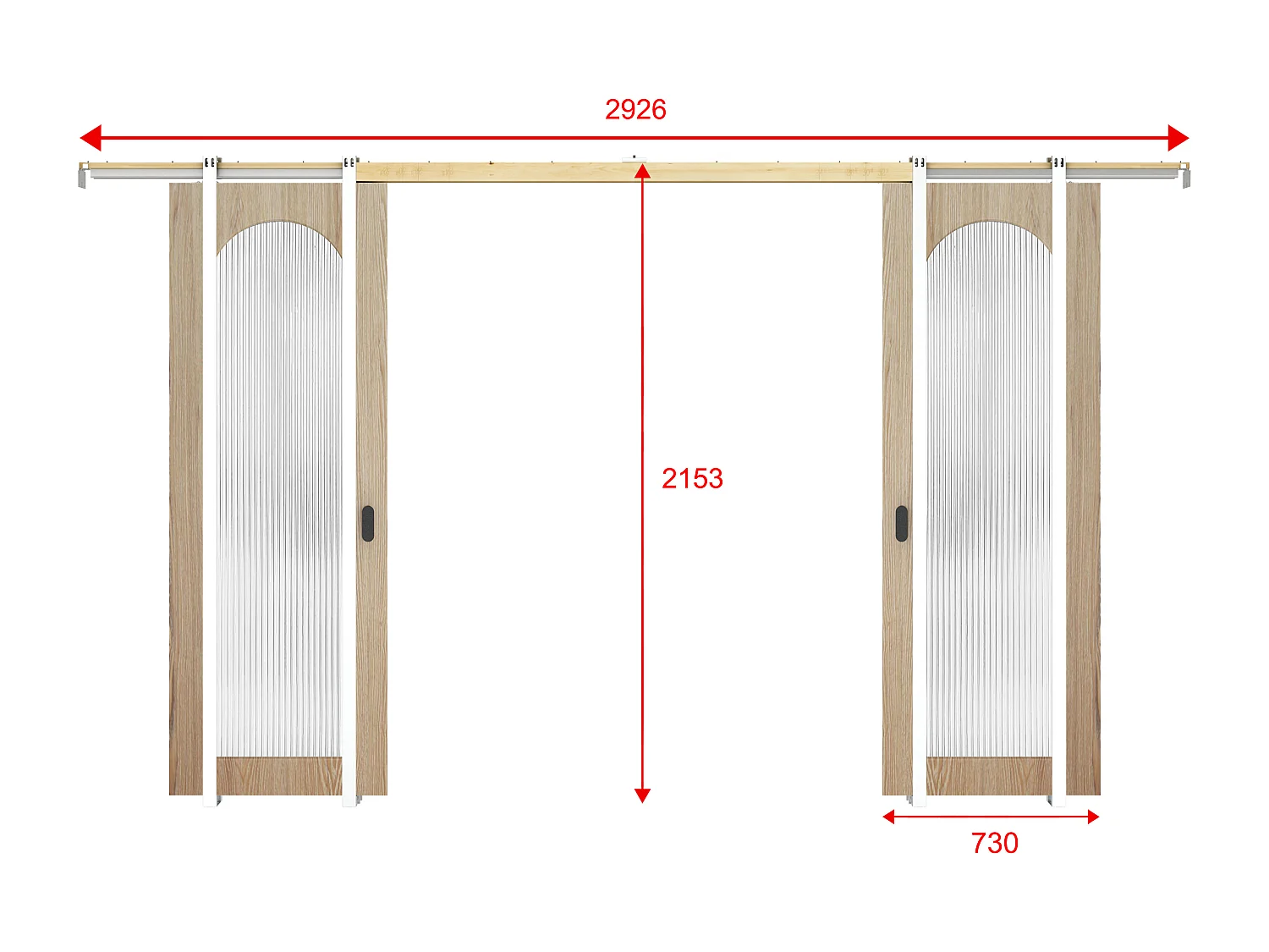 Dubbele schuifdeur met kastinbouwsysteem in hout en MDF - licht naturel boog en gehard geribbeld glas - 2 x H205 x B73 cm - ODEZA