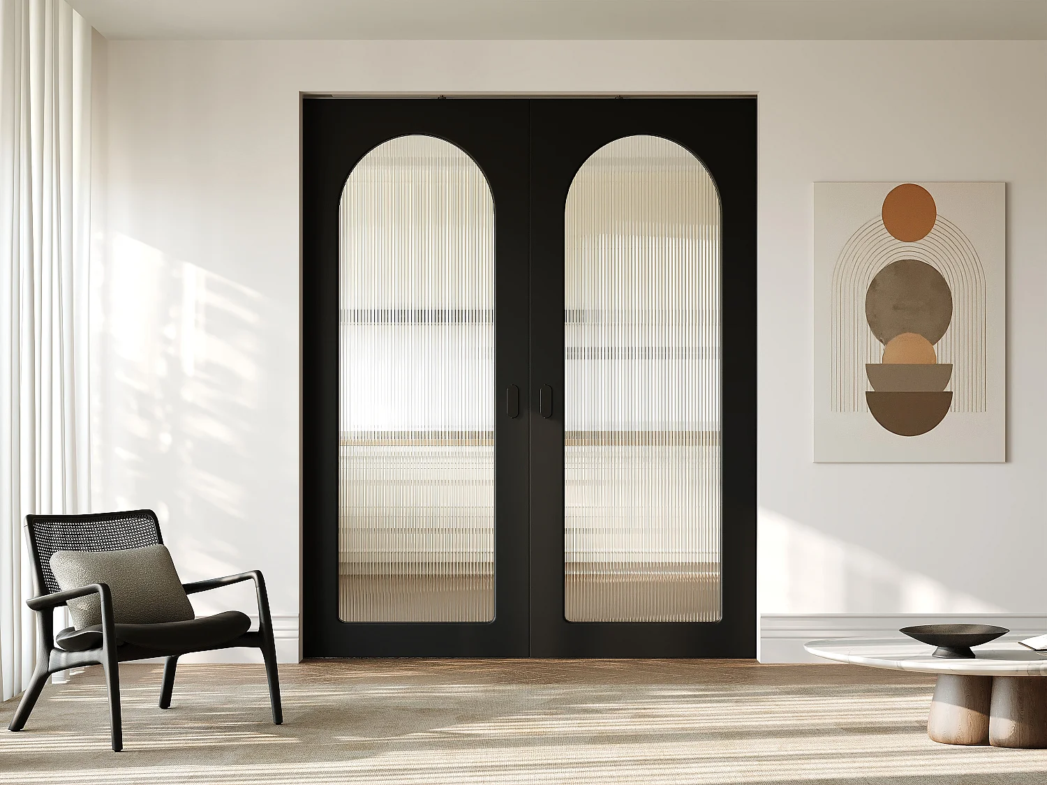 Dubbele schuifdeur met inbouwsysteem in hout en MDF - zwarte boog en gehard geribbeld glas - 2 x H205 x B83 cm - ODEZA