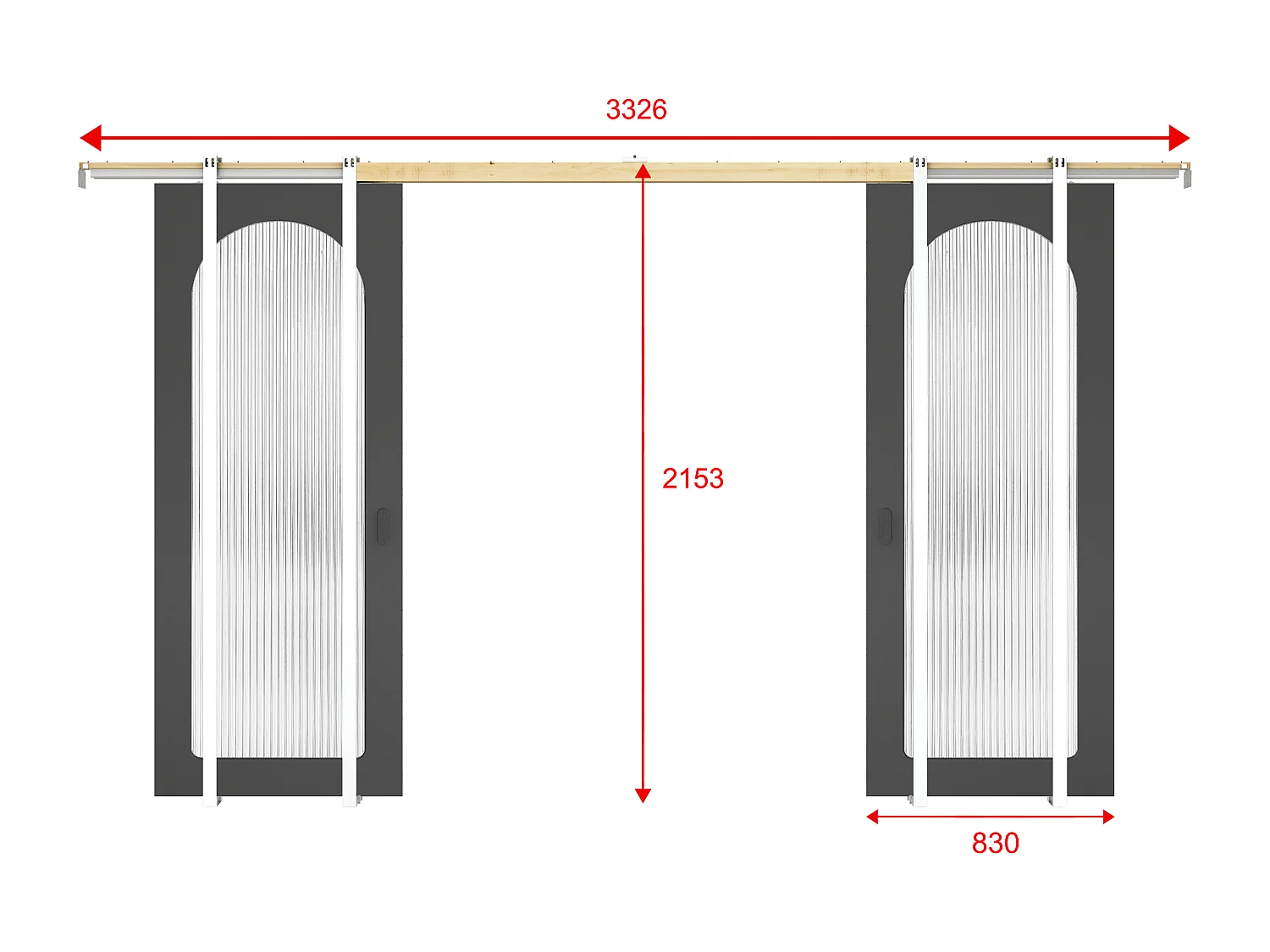 Dubbele schuifdeur met inbouwsysteem in hout en MDF - zwarte boog en gehard geribbeld glas - 2 x H205 x B83 cm - ODEZA
