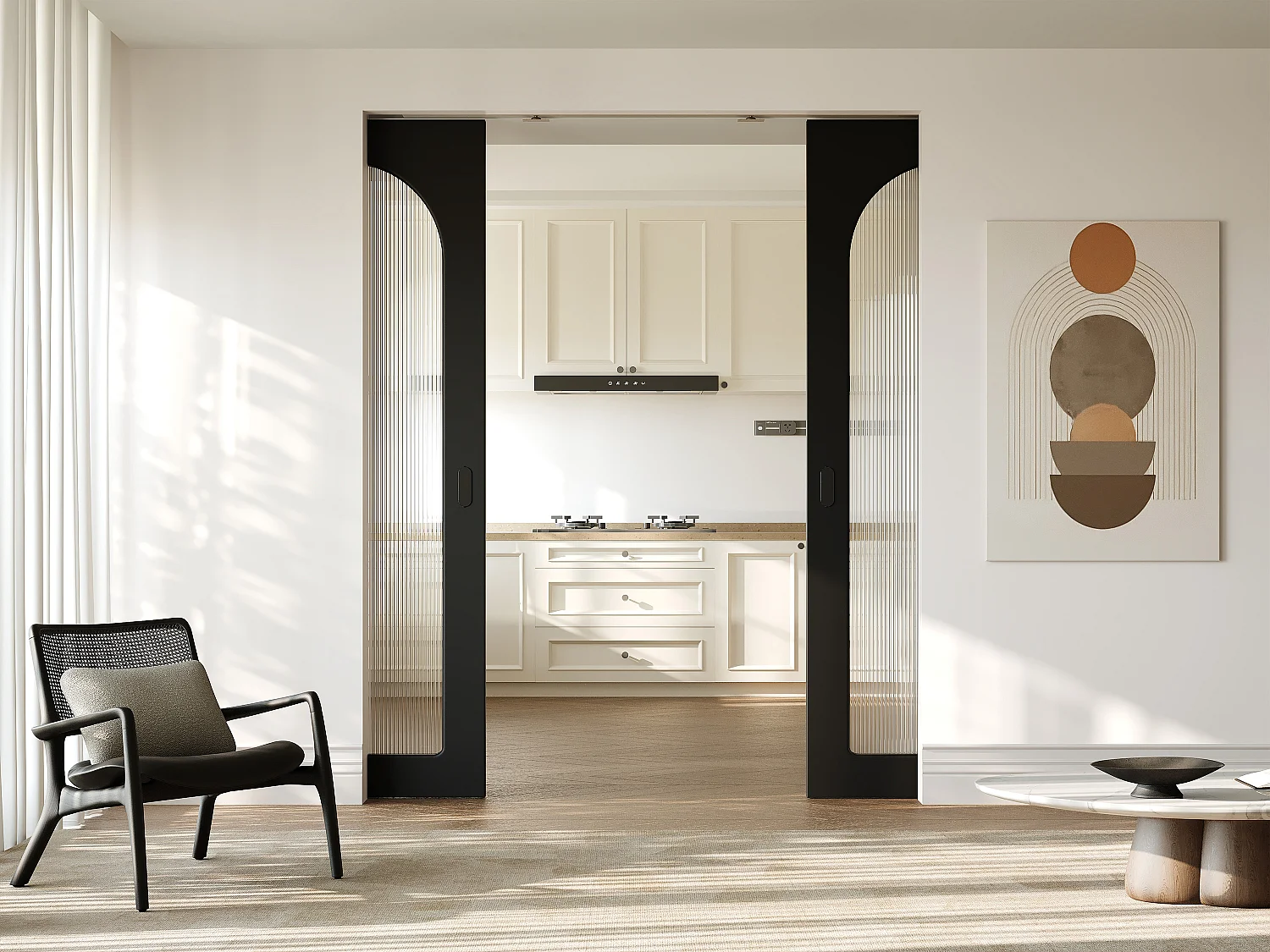 Dubbele schuifdeur met inbouwsysteem in hout en MDF - zwarte boog en gehard geribbeld glas - 2 x H205 x B93 cm - ODEZA