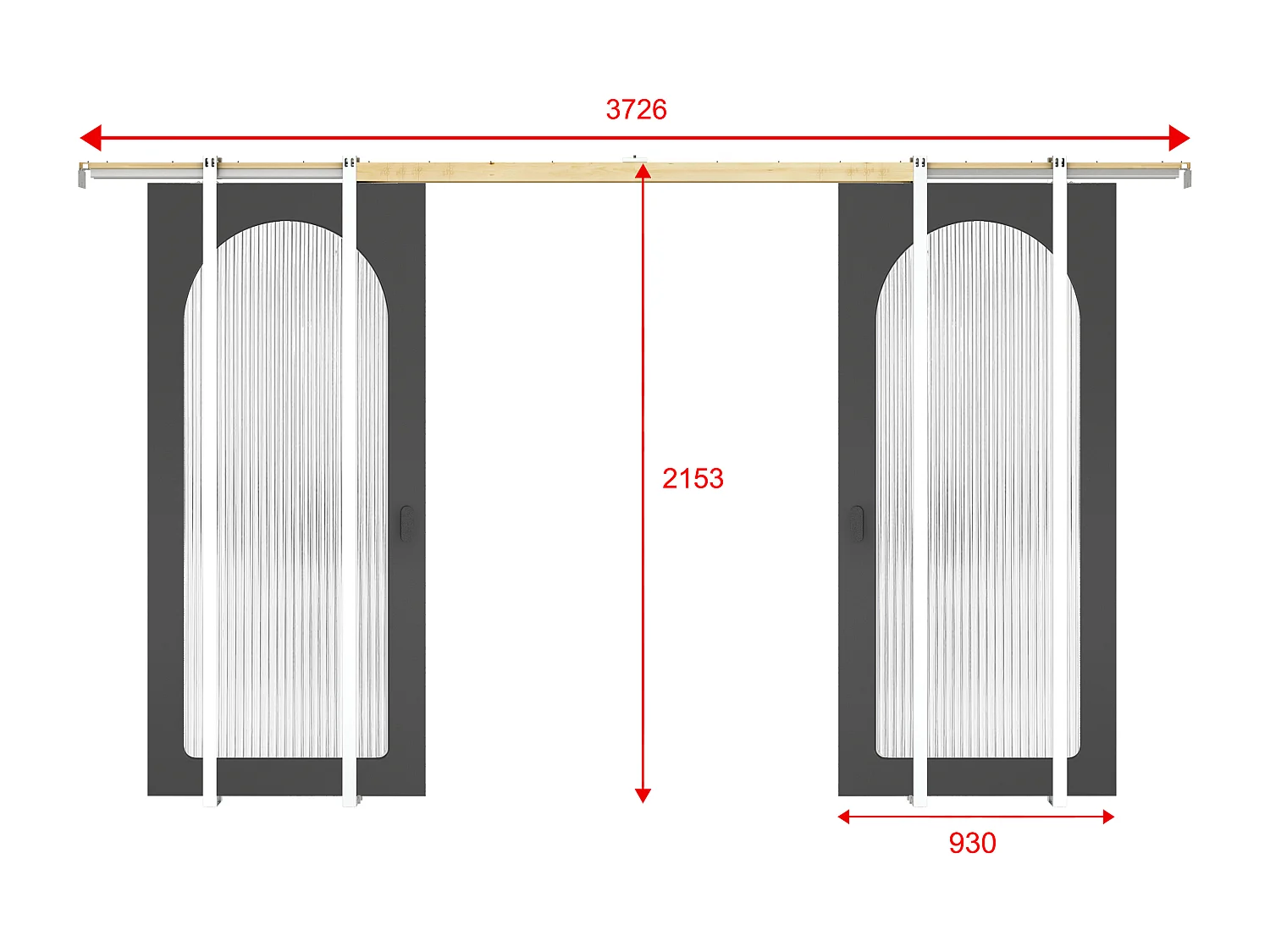 Dubbele schuifdeur met inbouwsysteem in hout en MDF - zwarte boog en gehard geribbeld glas - 2 x H205 x B93 cm - ODEZA