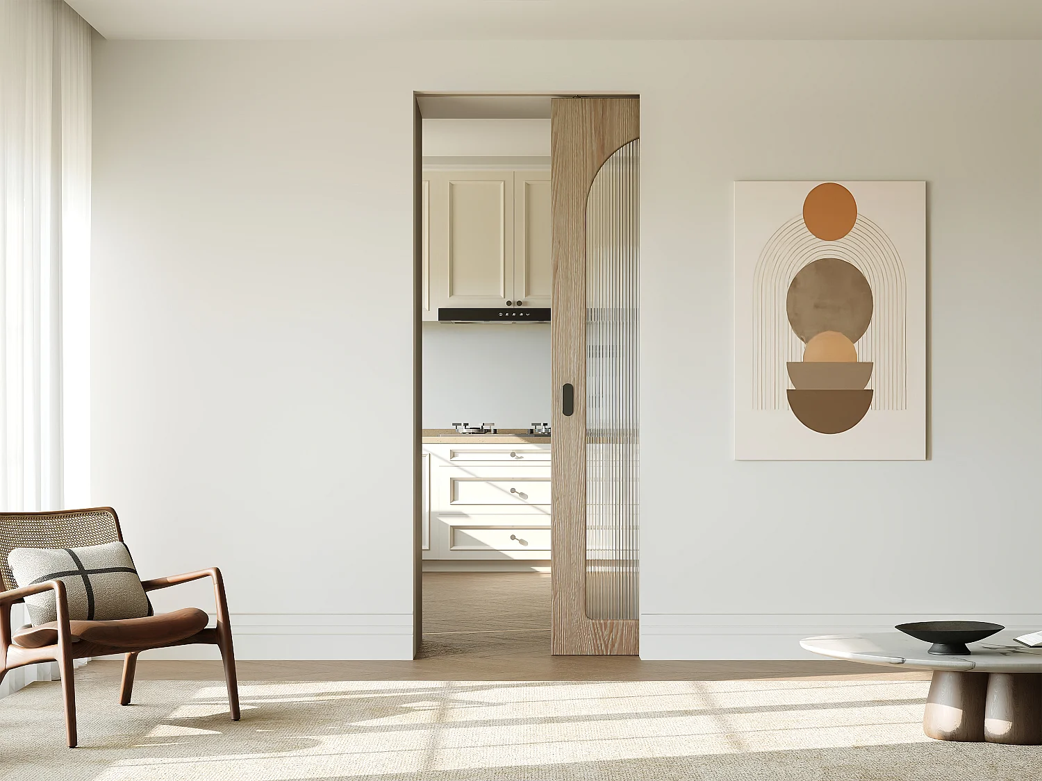 Schuifdeur met kastinbouwsysteem in hout en MDF - licht naturel boog en gehard geribbeld glas - H205 x B93 cm - ODEZA