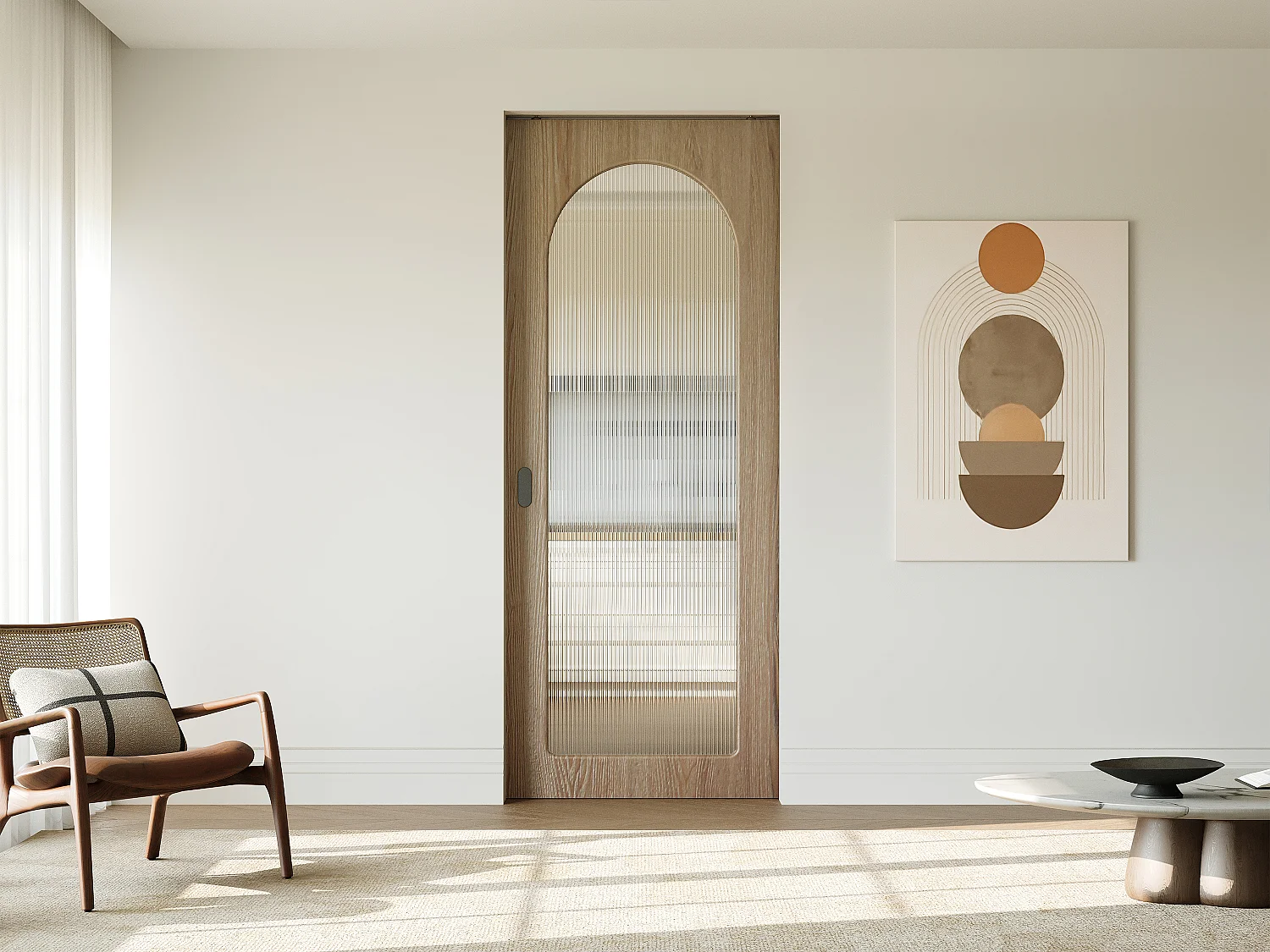 Schuifdeur met kastinbouwsysteem in hout en MDF - licht naturel boog en gehard geribbeld glas - H205 x B93 cm - ODEZA