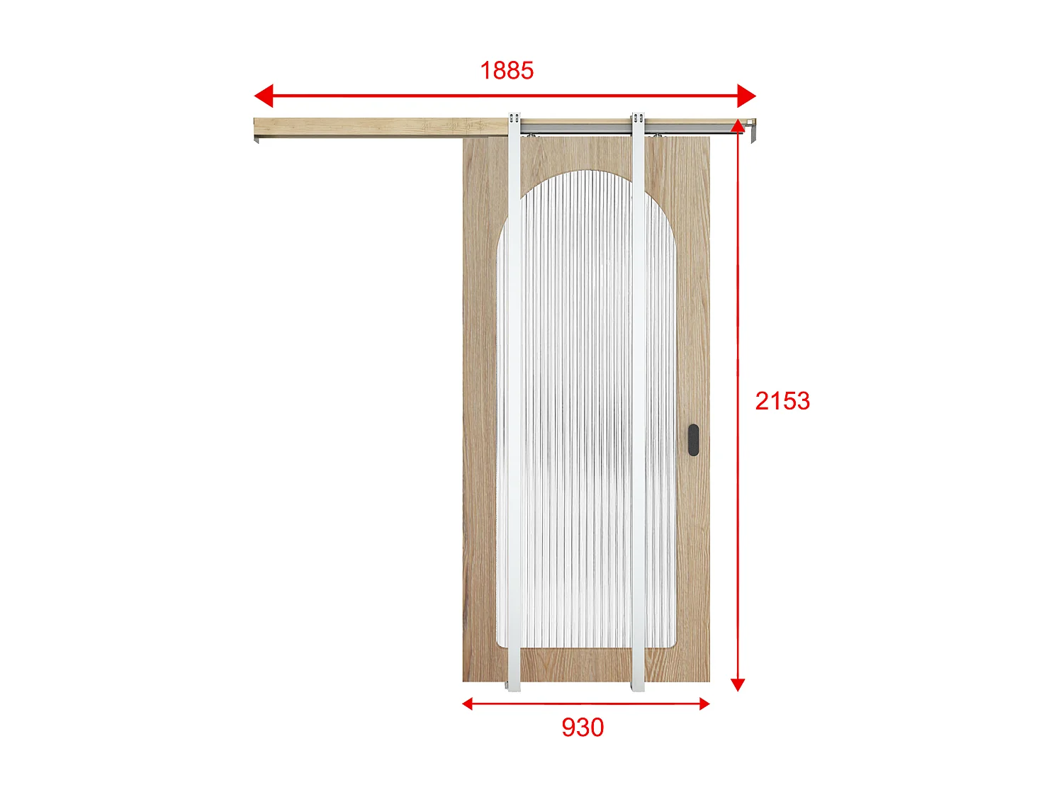 Schuifdeur met kastinbouwsysteem in hout en MDF - licht naturel boog en gehard geribbeld glas - H205 x B93 cm - ODEZA