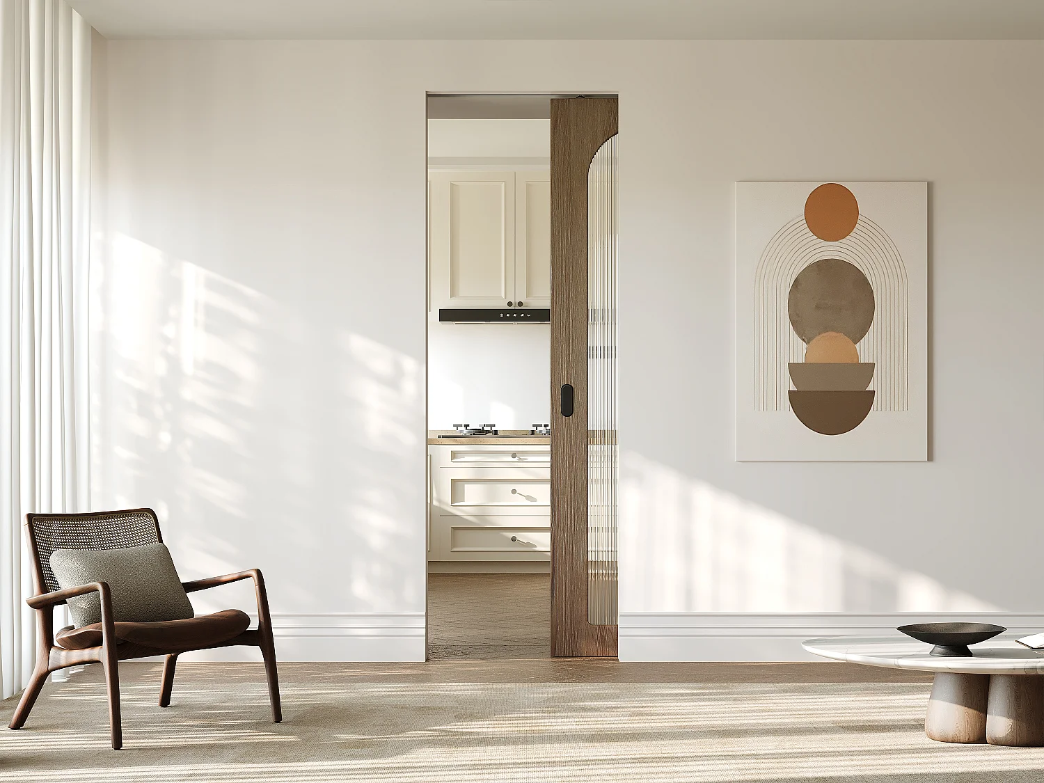 Schuifdeur met inbouwsysteem in hout en MDF - natuurlijk licht boog en gehard geribbeld glas - H205 x B63 cm - ODEZA