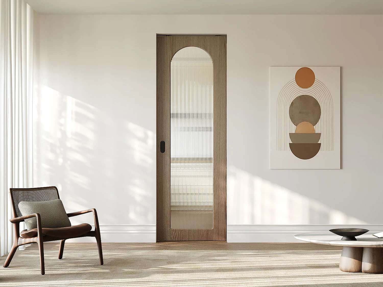 Schuifdeur met inbouwsysteem in hout en MDF - natuurlijk licht boog en gehard geribbeld glas - H205 x B63 cm - ODEZA
