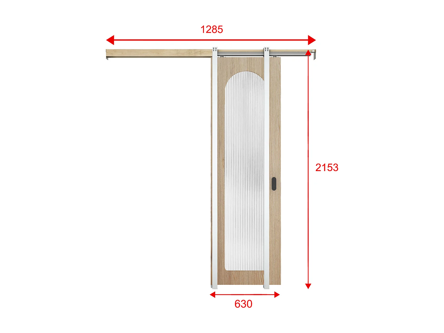 Schuifdeur met inbouwsysteem in hout en MDF - natuurlijk licht boog en gehard geribbeld glas - H205 x B63 cm - ODEZA