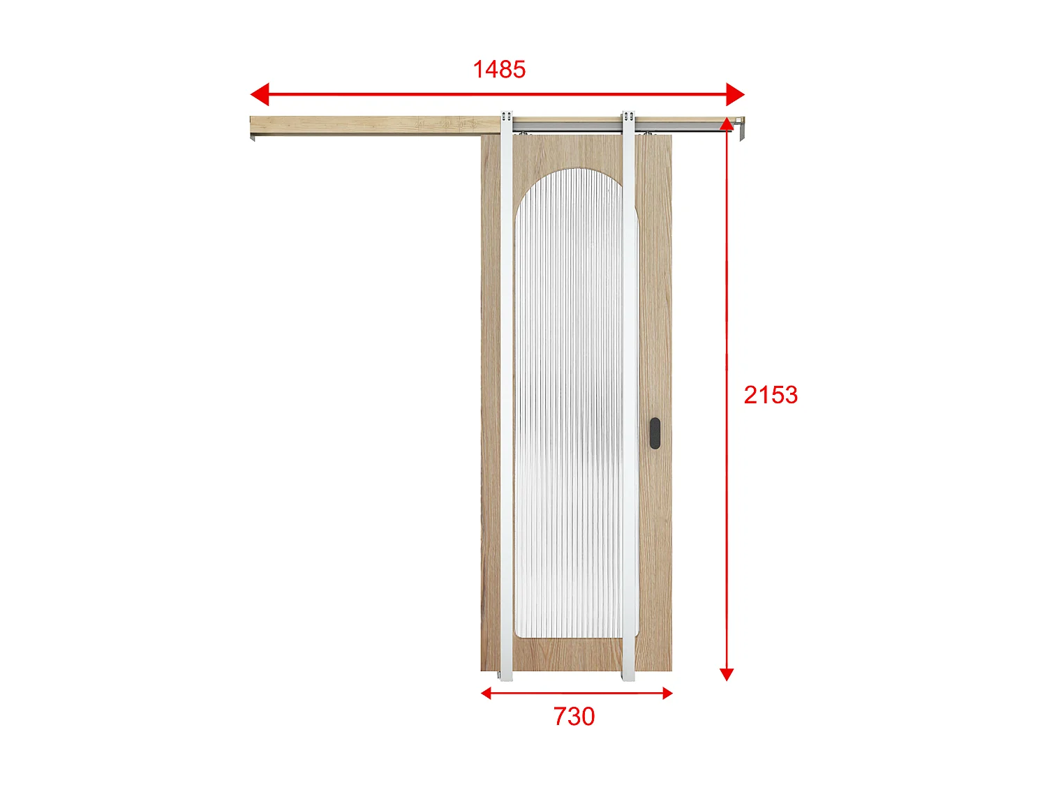Schuifdeur met inbouwsysteem in hout en MDF - licht natuurlijke boog en gehard geribbeld glas - H205 x B73 cm - ODEZA