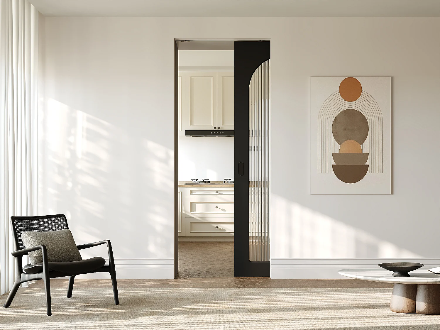Schuifdeur met inbouwsysteem in hout en MDF - zwarte boog en gehard geribbeld glas - H205 x B83 cm - ODEZA