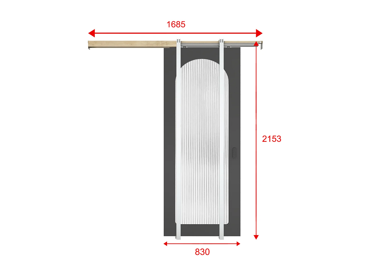 Schuifdeur met inbouwsysteem in hout en MDF - zwarte boog en gehard geribbeld glas - H205 x B83 cm - ODEZA