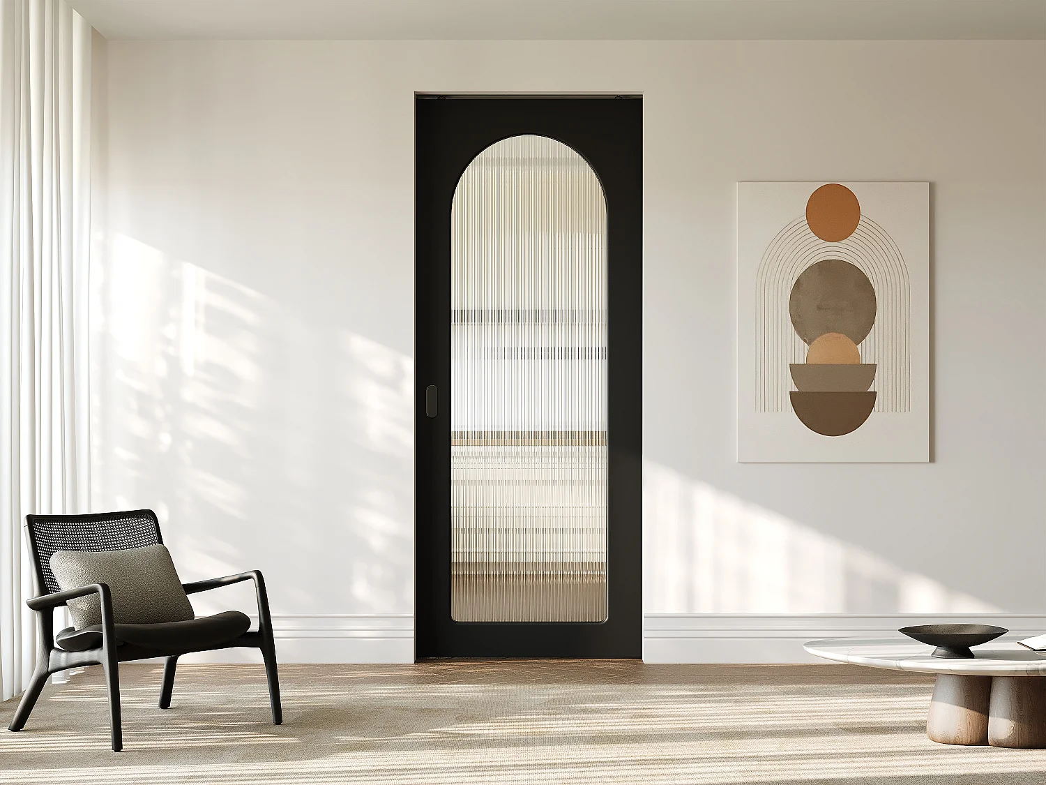 Schuifdeur met inbouwsysteem in hout en MDF - zwarte boog en gehard geribbeld glas - H205 x B93 cm - ODEZA