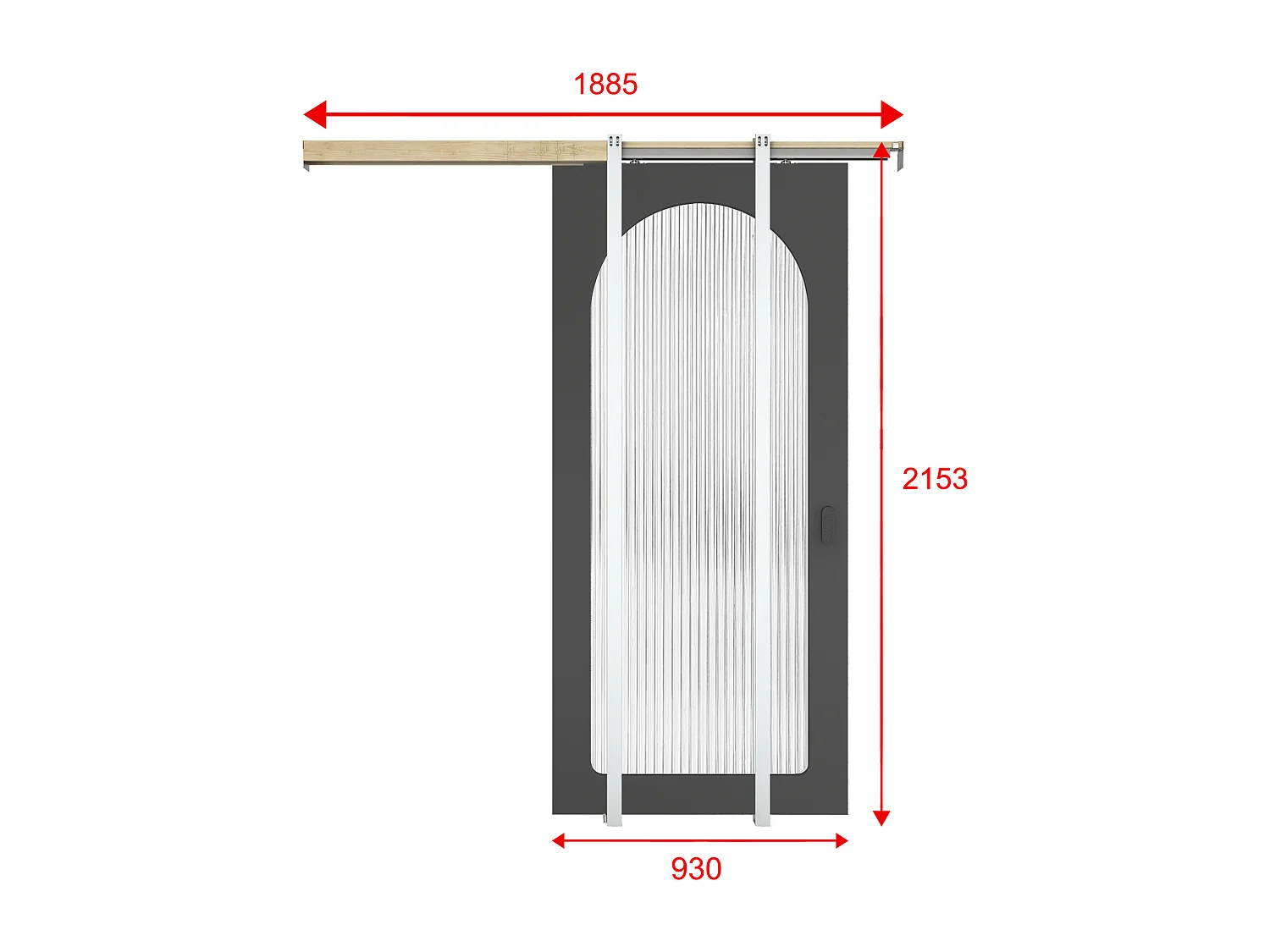 Schuifdeur met inbouwsysteem in hout en MDF - zwarte boog en gehard geribbeld glas - H205 x B93 cm - ODEZA