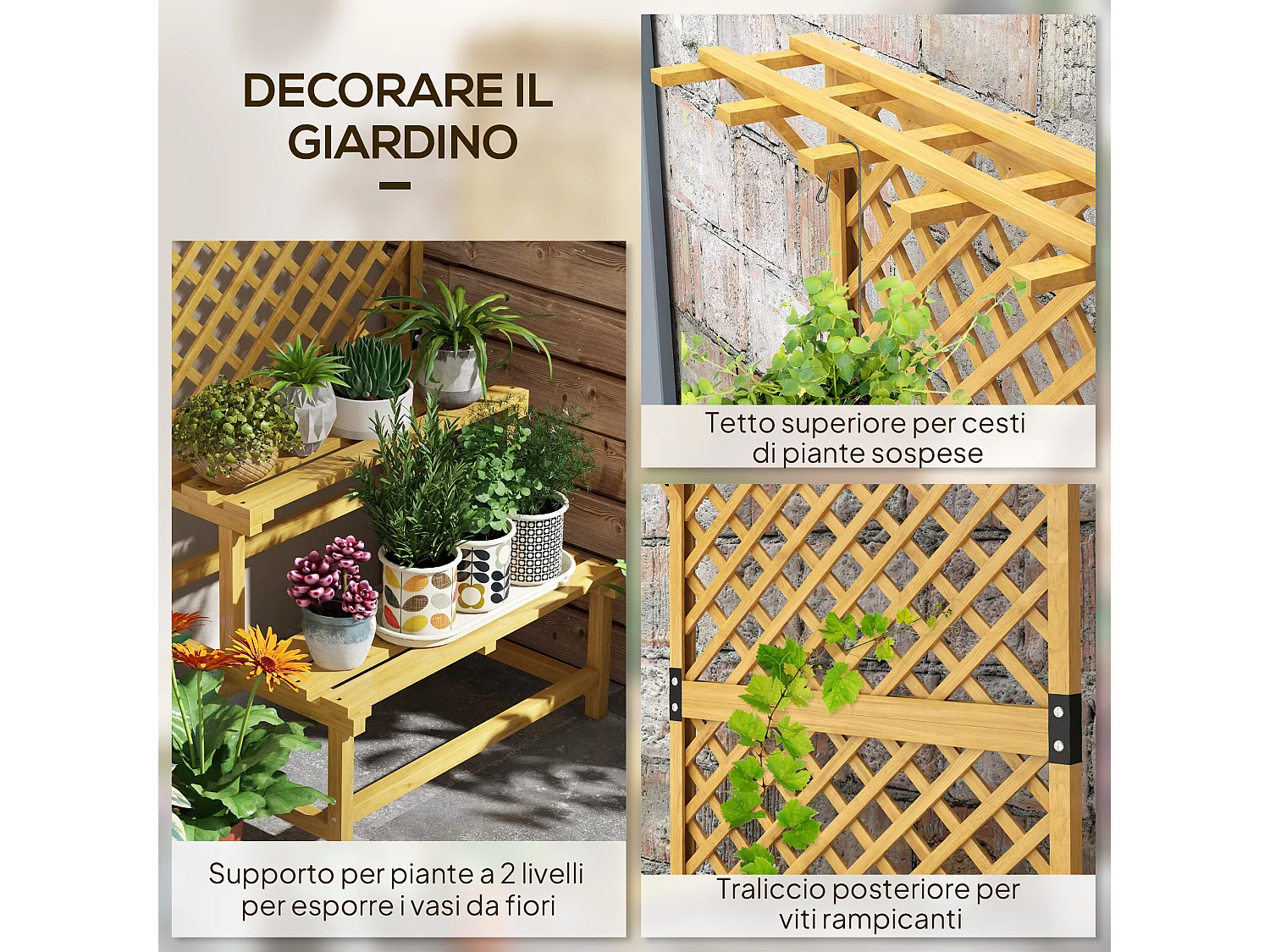 Fioriera con grigliato per rampicanti e 2 ripiani in legno giallo