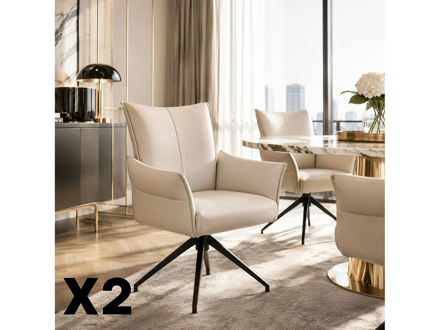 Fauteuil de table pivotant cuir ivoire (lot de 2) LOMBARDIE