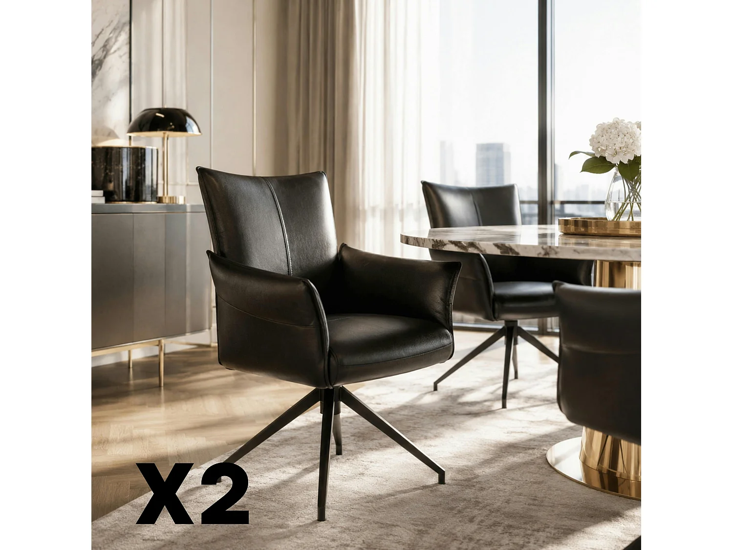 Fauteuil de table pivotant cuir noir (x2) LOMBARDIE