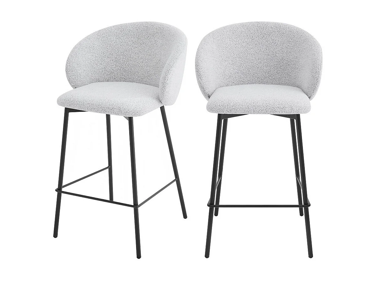 Valom - Lot de 2 chaises de bar en tissu bouclette et métal H66cm - Écru chiné