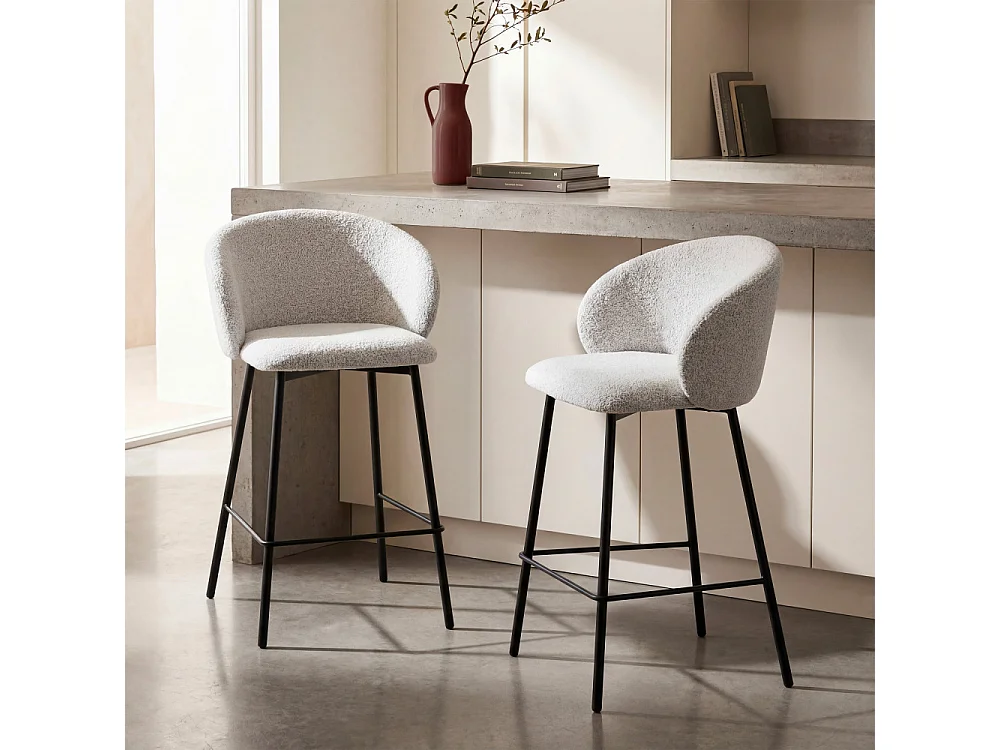 Valom - Lot de 2 chaises de bar en tissu bouclette et métal H66cm - Écru chiné