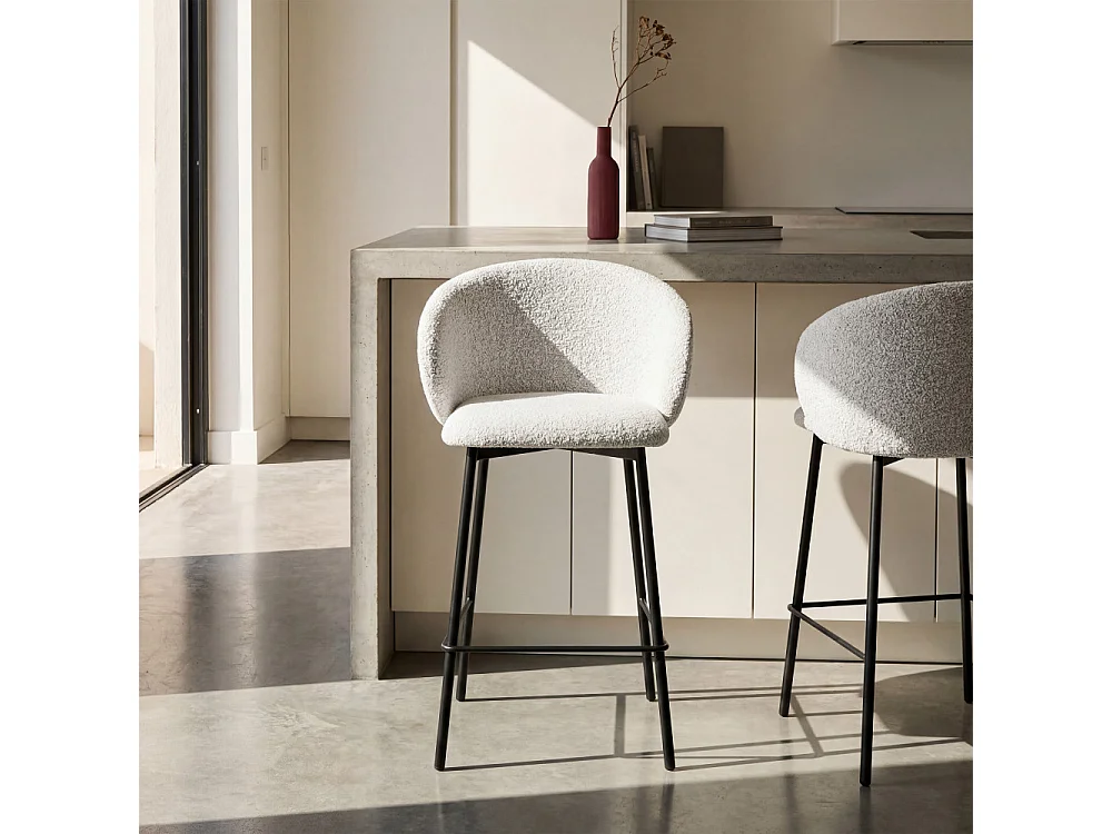Valom - Lot de 2 chaises de bar en tissu bouclette et métal H66cm - Écru chiné