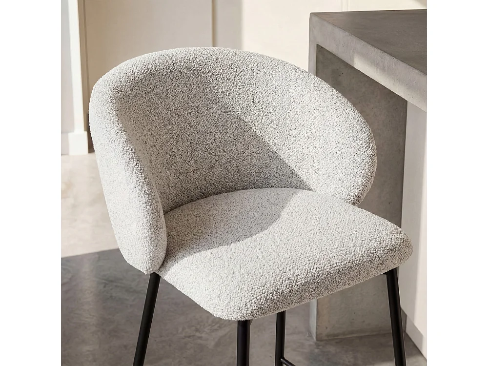 Valom - Lot de 2 chaises de bar en tissu bouclette et métal H66cm - Écru chiné