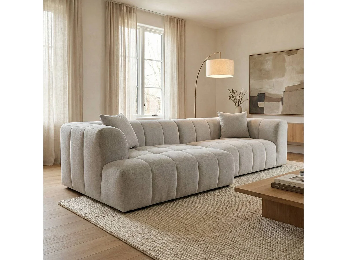 Canapé d'angle en tissu beige et pieds en bois Davis