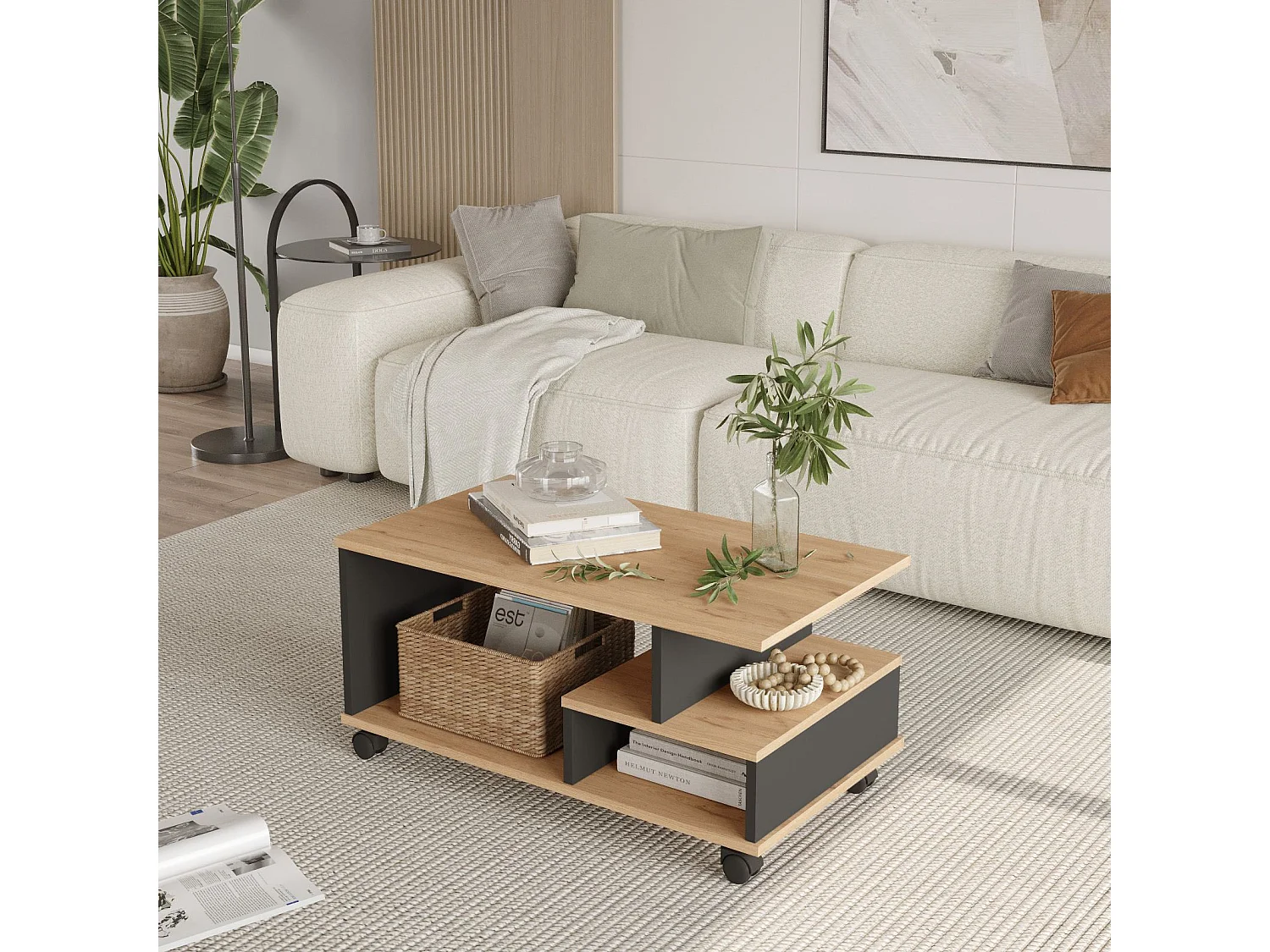 Eleganter MIN9 Holz Couchtisch - Anthrazitgrau - 90 x 51 x 42 cm