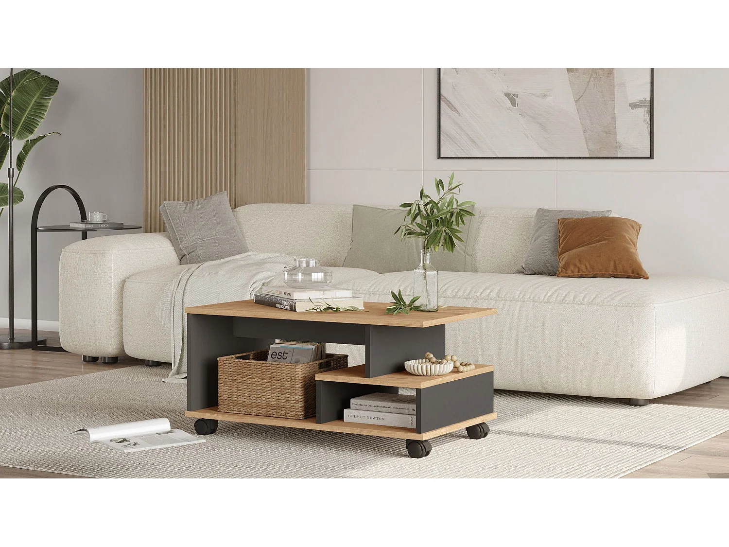 Eleganter MIN9 Holz Couchtisch - Anthrazitgrau - 90 x 51 x 42 cm