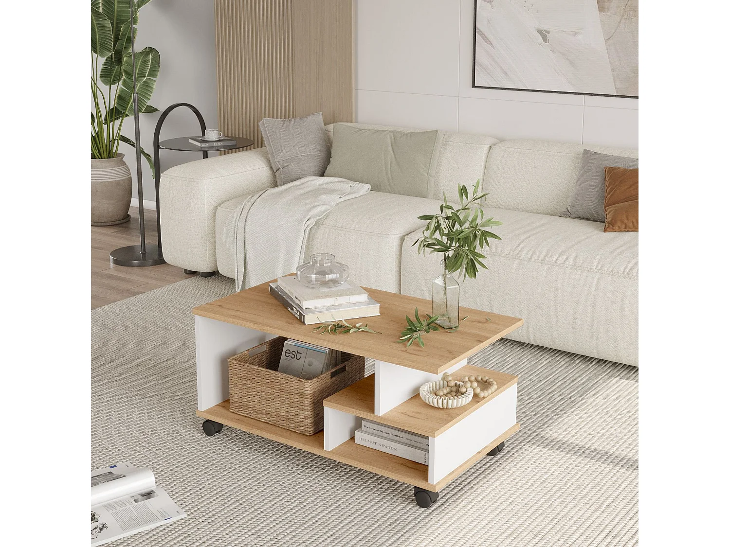 Moderner weißer Eichenholz Couchtisch "MIN9" - 90 x 51 x 42 cm