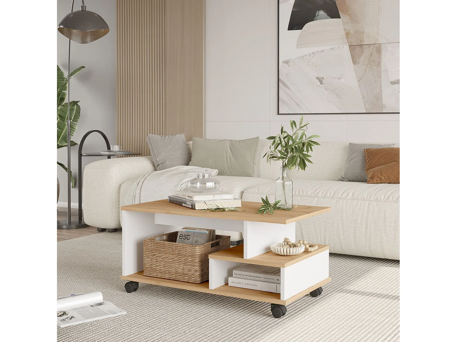 Moderner weißer Eichenholz Couchtisch "MIN9" - 90 x 51 x 42 cm
