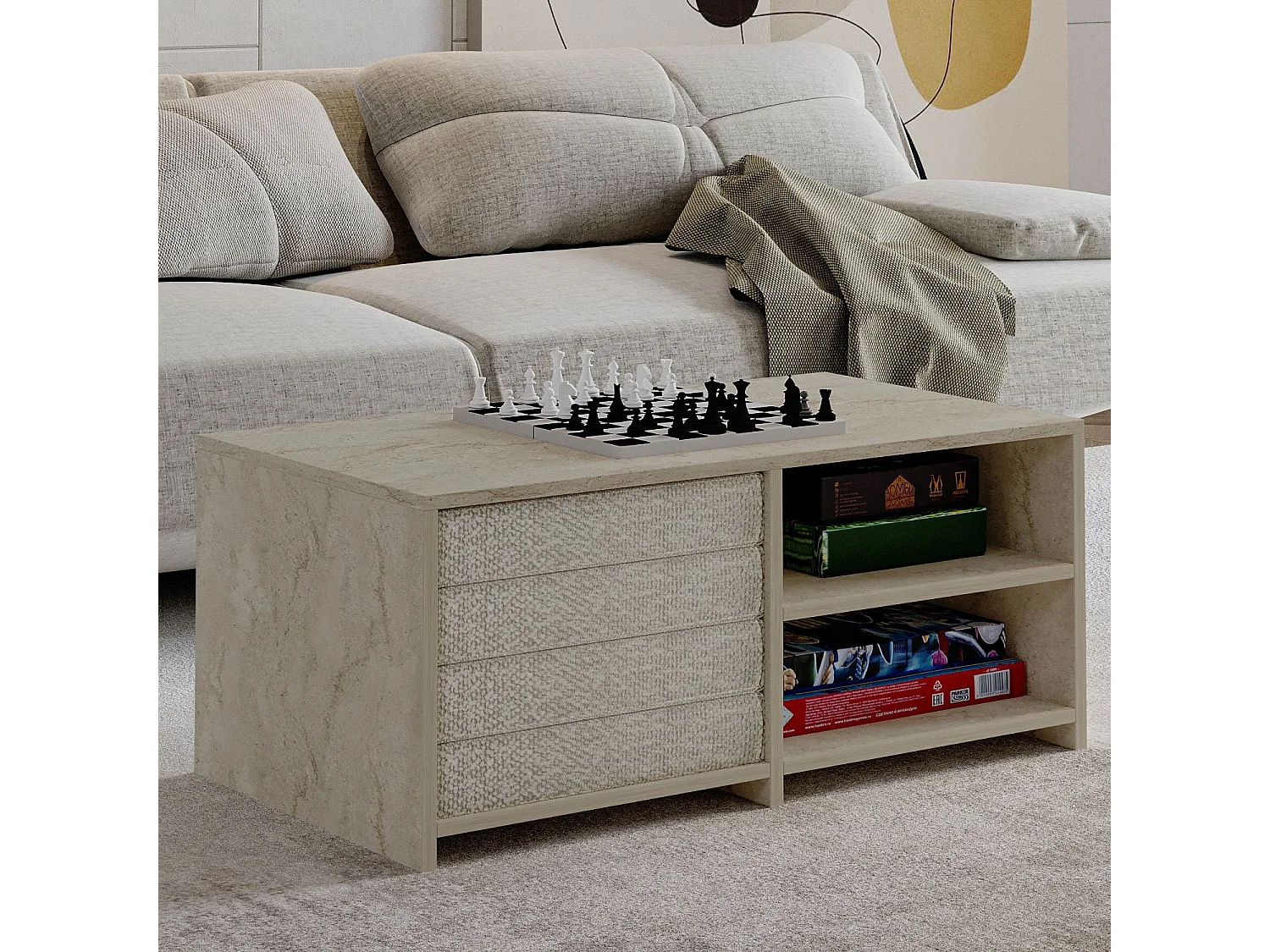 Eleganter Holz Couchtisch "Gord" - Travertin Finish - 90 x 45 x 44 cm