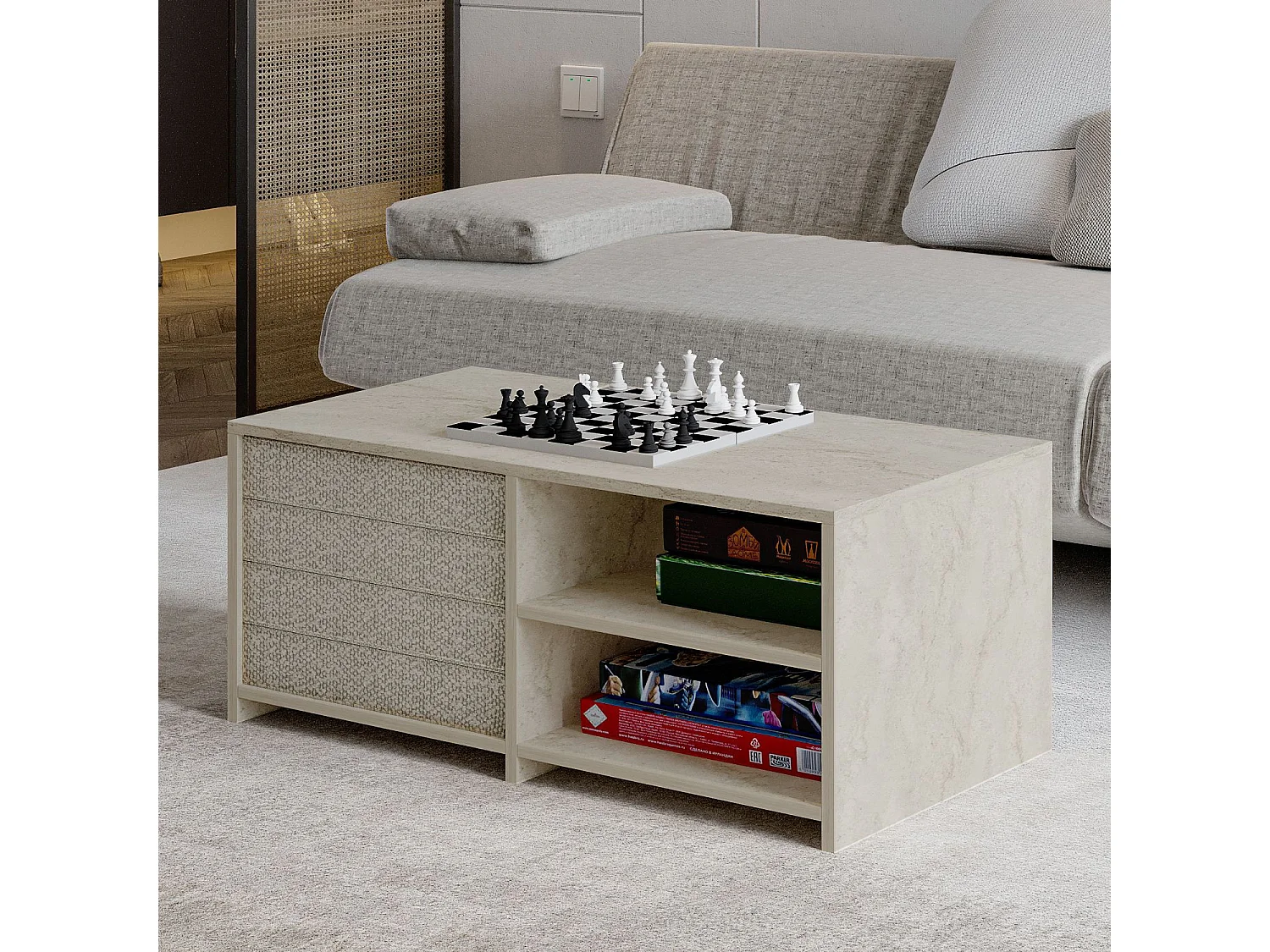 Eleganter Holz Couchtisch "Gord" - Travertin Finish - 90 x 45 x 44 cm