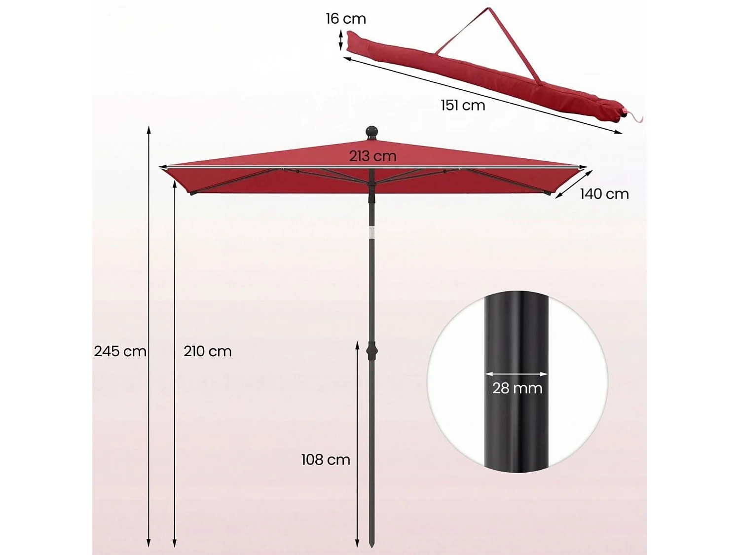Balkon Sonnenschirm Beidseitig um 30° Knickbar Gartenschirm Rechteckiger Balkonschirm Rot