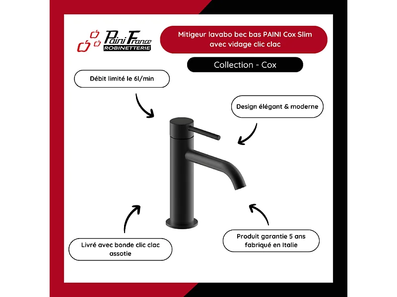Mitigeur lavabo bec bas PAINI Cox Slim noir mat avec vidage clic clac
