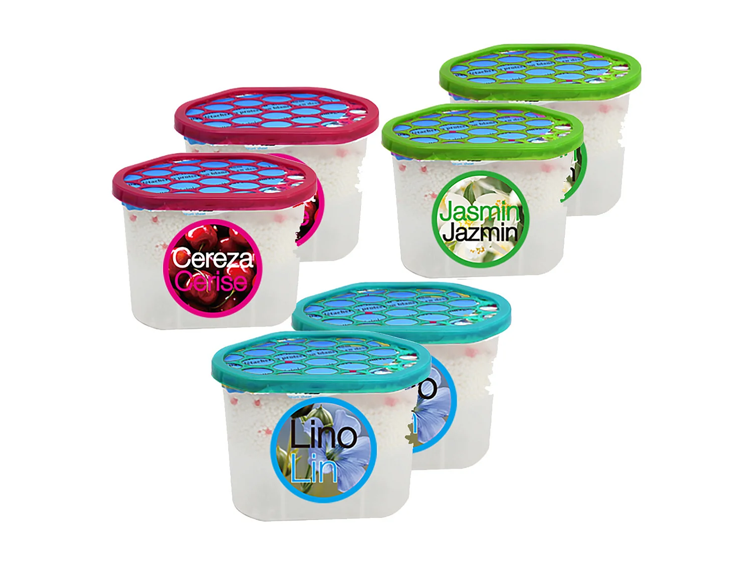 Lot de 6 déshumidificateurs absorbeurs d'Humidité parfumés, Lin,Cerise et jasmin (2 lin, 2 cerise , 2 jasmin), capacité 650 ml