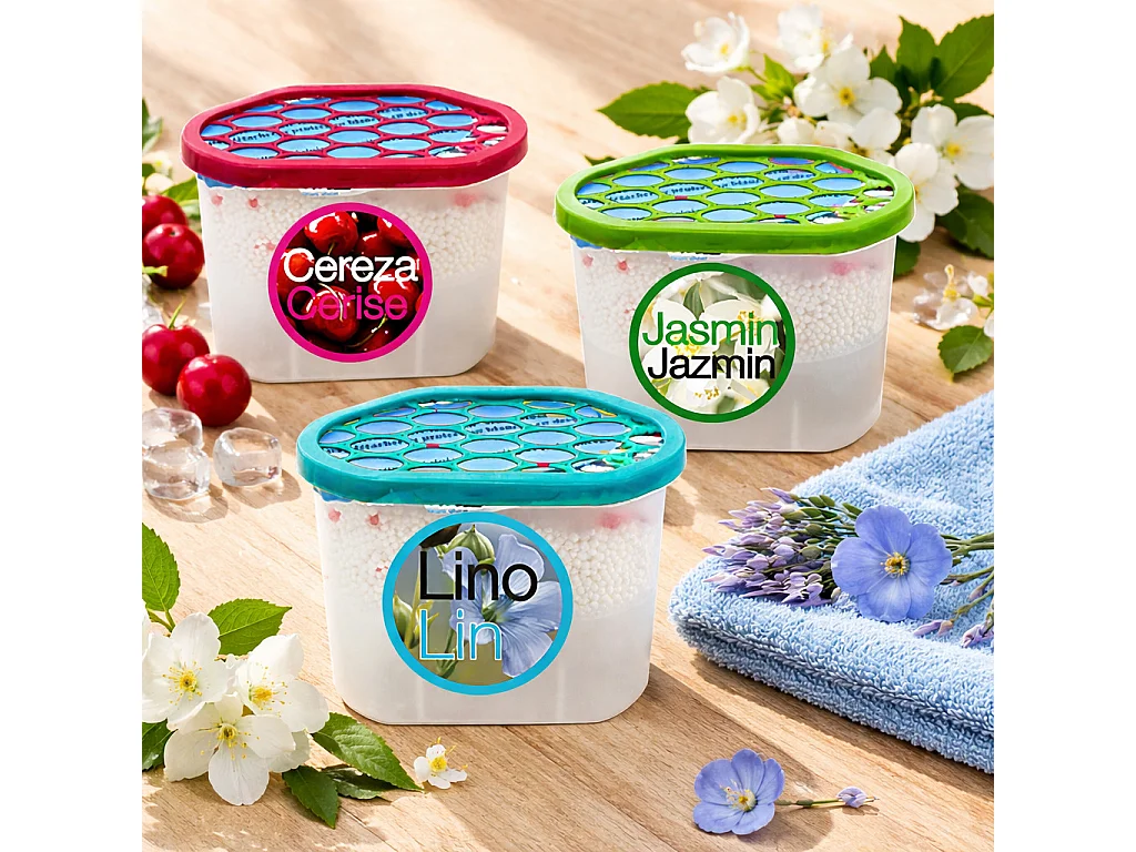 Lot de 6 déshumidificateurs absorbeurs d'Humidité parfumés, Lin,Cerise et jasmin (2 lin, 2 cerise , 2 jasmin), capacité 650 ml