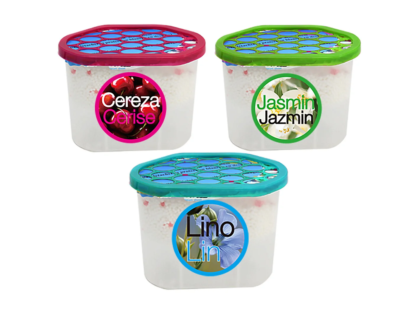 Lot de 3 déshumidificateurs absorbeurs d'Humidité parfumés, Lin,Cerise et jasmin (1 lin, 1 cerise , 1 jasmin), capacité 650 ml