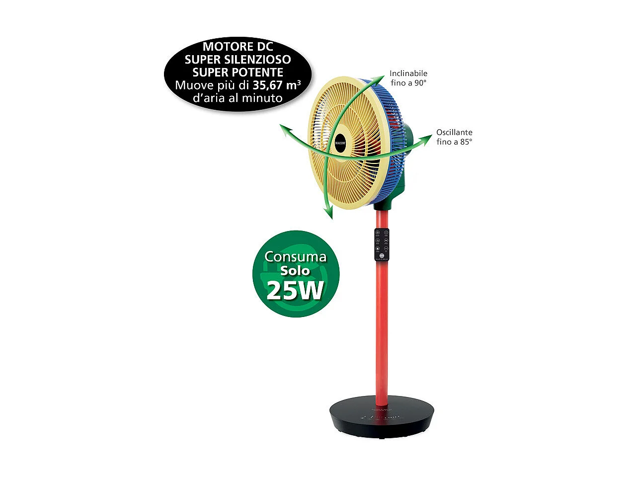 Macom Enjoy & Relax Colour Fan Noir, Bleu, Vert, Rouge, Jaune
