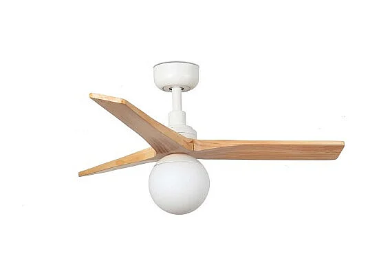 KLIM S Ventilateur avec éclairage, corps blanc, pales en chêne clair, Faro Barcelona